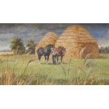 Rosemary Sarah Welch, Oil on canvas, farmhand with carthorses in field next to two haystacks, signed