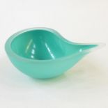 Turquoise and clear overlay studio glass bowl, tear-shaped, 12cm wide