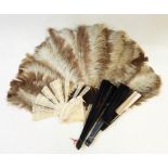 Female ostrich feather fan with faux-tortoiseshell guards and sticks, a small bone fan (lacking