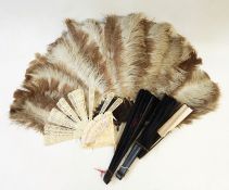 Female ostrich feather fan with faux-tortoiseshell guards and sticks, a small bone fan (lacking