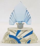 Art Deco blue and clear cut glass scent bottle with pointed angular stopper blue and silver