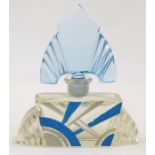 Art Deco blue and clear cut glass scent bottle with pointed angular stopper blue and silver