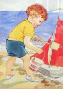 Watercolour drawings G M Holt Children making sandcastles waters edge, signed, 31 x 22cm  , framed