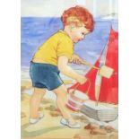 Watercolour drawings G M Holt Children making sandcastles waters edge, signed, 31 x 22cm  , framed