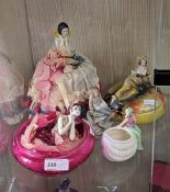 A 1920s pin cushion doll with base, 1920s powderpuff doll with fabric petal decoration, pink glass