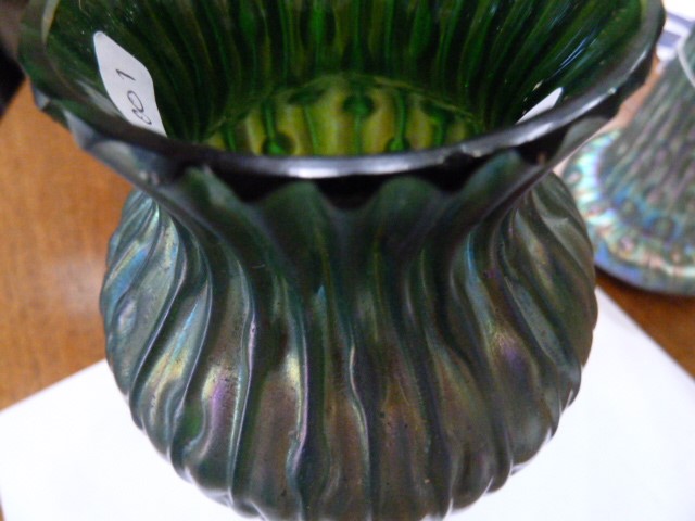 Loetz style vase, reeded and tapered droplet decoration, green blue iridescent glaze, flared base, - Image 4 of 4