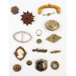 Assorted costume jewellery, paste buckle, cameo brooch, Thai silver and black brooch, gilt frame for