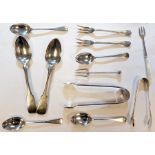 Small quantity of assorted silver to include; pickle forks, sugar tongs, teaspoons and an