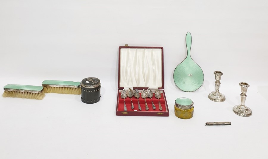 Silver and green enamel backed dressing table set comprising hand mirror, pair of clothes brushes