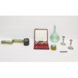 Silver and green enamel backed dressing table set comprising hand mirror, pair of clothes brushes