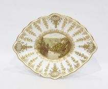 Derby (Sampson Hancock) fluted oval topographical dish, 19th century, puce crowned and H S Hancock