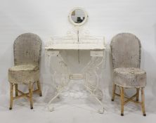 Cream painted dressing table, circular mirror on a scrolled iron base, together with two white