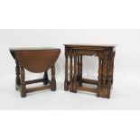 Twentieth century oak nest of three tables and one drop leaf oak coffee table on turned and ring