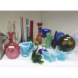 Various items of glassware to include a cranberry-tinted glass cruet bottle and stopper, items of