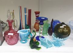 Various items of glassware to include a cranberry-tinted glass cruet bottle and stopper, items of