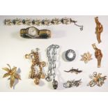 Silver-coloured metal and enamelled bracelet, lady's 9ct gold Rotary watch and other costume