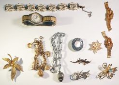 Silver-coloured metal and enamelled bracelet, lady's 9ct gold Rotary watch and other costume