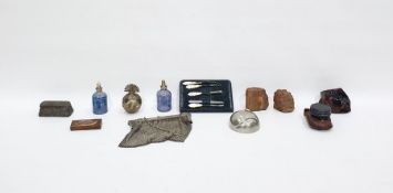 Assortment of specimen stones, a silver and wood mounted pierced cruet stand, two compasses, a chain