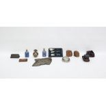 Assortment of specimen stones, a silver and wood mounted pierced cruet stand, two compasses, a chain