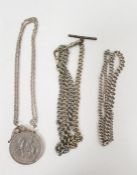 Silver graduated curb-link chain, 31g approx, a 1977 crown in pendant on chain and two other