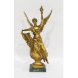Gilded metal mythological figure, modelled as a winged scantily draped woman holding a flaming