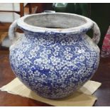 Pottery two-handled large jardiniere, 20th century, transfer-printed with blue and white flowers,