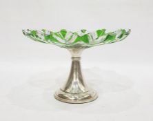 Bohemian cut glass and green flash tazza raised on a silver spreading stem to a circular base,