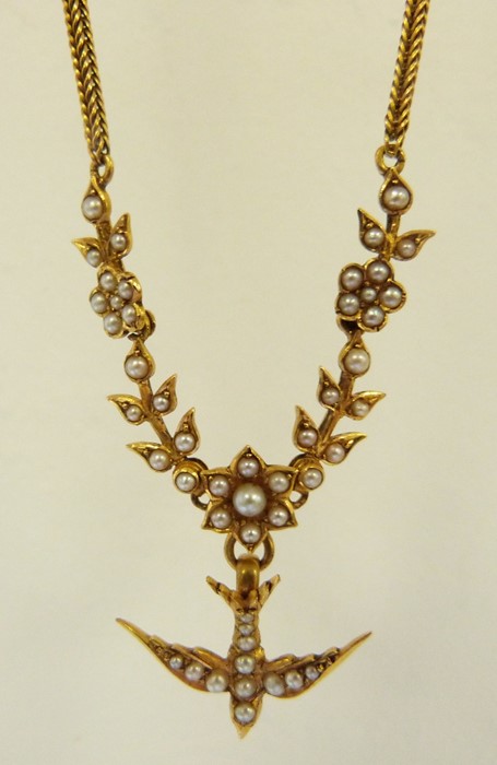 Late Victorian/Edwardian gold and seedpearl necklace, the herringbone chain having seedpearl set - Image 2 of 4