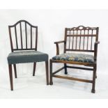 Mahogany wide seated spindle back chair on square section supports, stretchered base and another