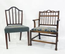 Mahogany wide seated spindle back chair on square section supports, stretchered base and another