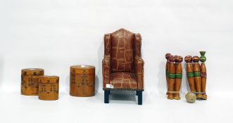 Miniature model of a armchair, upholstered in leather and studded, three papier-mache boxes in sizes