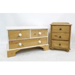 A pine bedside chest of three drawers and a pine white painted low chest of two short over one