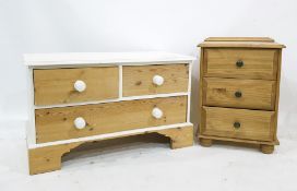 A pine bedside chest of three drawers and a pine white painted low chest of two short over one