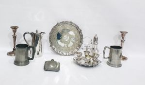 Quantity of assorted electroplated ware to include hot water pot, candlesticks, tray, etc