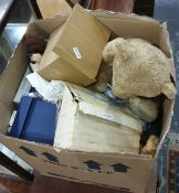 Box of various jigsaws, teddies and other soft toys