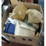 Box of various jigsaws, teddies and other soft toys