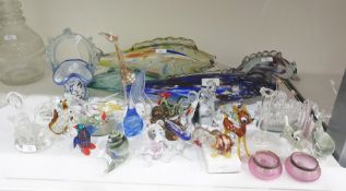 Four Murano-style glass models of fish, longest 38cm and other items of glassware, to include a pair