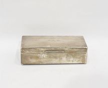 Silver rectangular cigarette box of plain form, cedar wood lined, on squashed bun feet, London early
