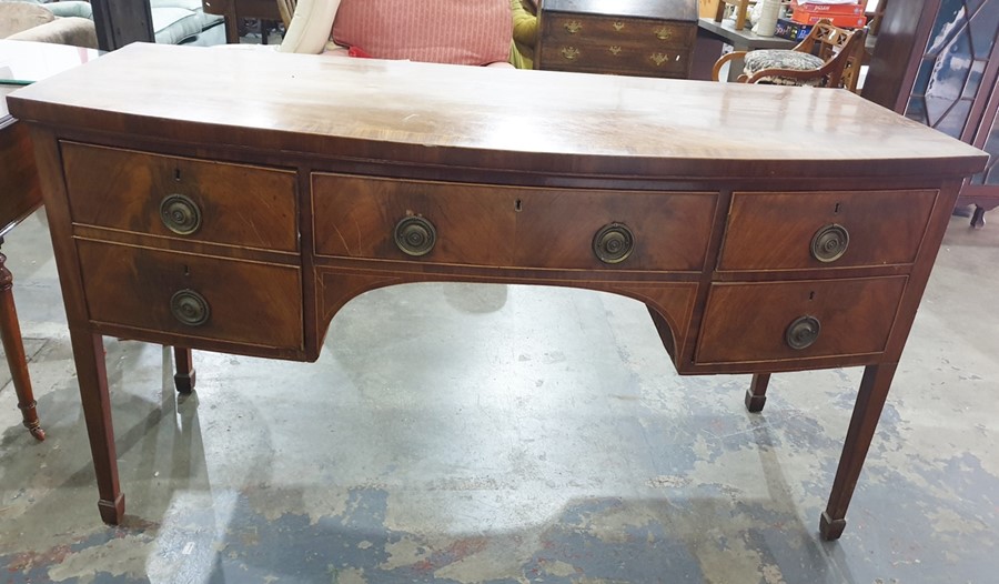 19th century mahogany bowfront sideboard, cross banded satinwood strung top above three assorted