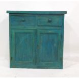 Blue stained pine dresser base of two drawers over two cupboard doors, to plinth base, 90cm x 91cm