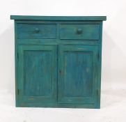 Blue stained pine dresser base of two drawers over two cupboard doors, to plinth base, 90cm x 91cm