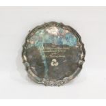 Presentation silver tray with piecrust border, raised on scrolled feet, Sheffield 1974, 18oz, 25.5cm