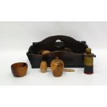 Group of turned wood bowls, boxes and covers and other items to include bell-shaped tobacco jar