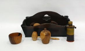 Group of turned wood bowls, boxes and covers and other items to include bell-shaped tobacco jar