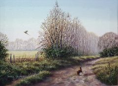 Terence Grundy (20th century)  Oil on canvas  Fox alighting pheasant, signed lower left, 28.5cm x