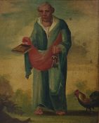 Late 19th/early 20th century school  Oil on panel  St Peter holding book and keys, a cockerel at his