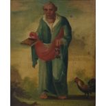 Late 19th/early 20th century school  Oil on panel  St Peter holding book and keys, a cockerel at his