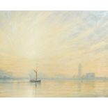 Derek Hare Oil on canvas "Approaching Canary Wharf", sailing boat on the Thames with sunset behind