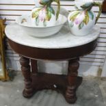 A white marble topped demi lune side table on turned and ringed front supports, united under tier