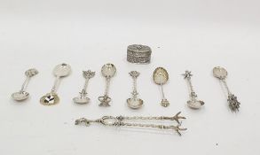 Quantity of silver and silver-coloured metal souvenir spoons and tongs and a silver-coloured metal